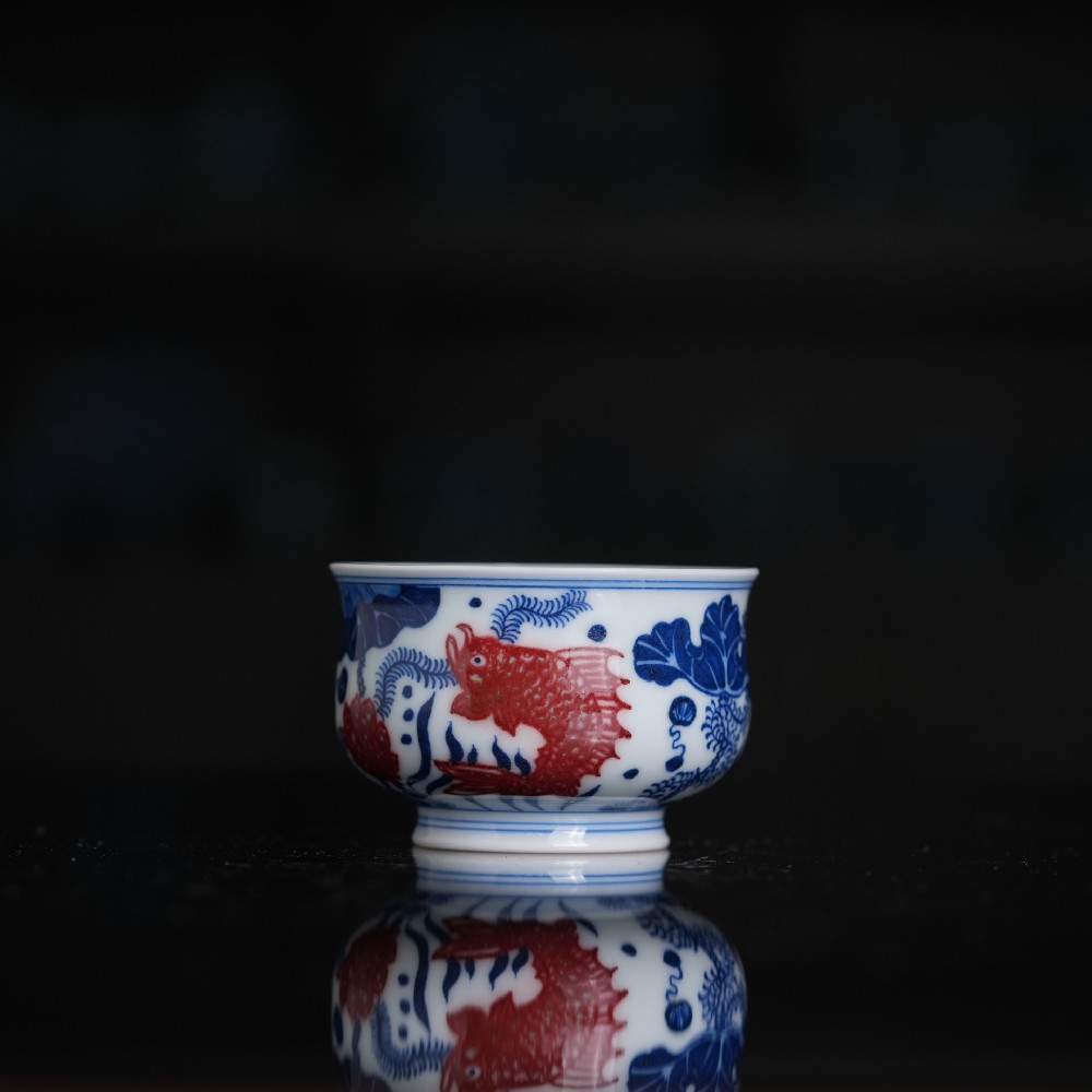 刘建锋窑青花釉里红鱼草小炉式杯