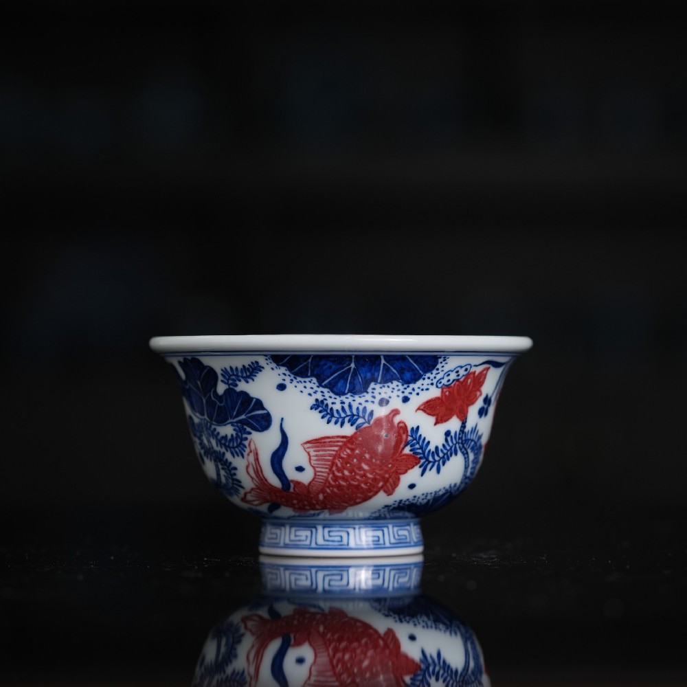 刘建锋窑青花釉里红鱼草压手杯