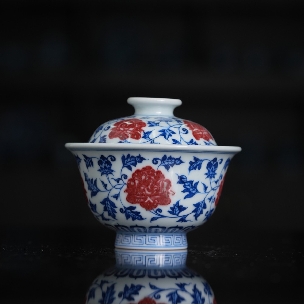 刘建锋窑青花釉里红四季花卉盖碗