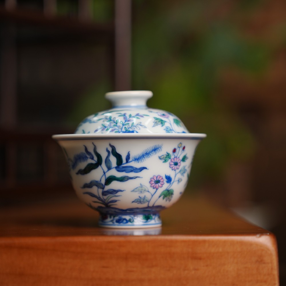 刘建锋窑四季花卉盖碗