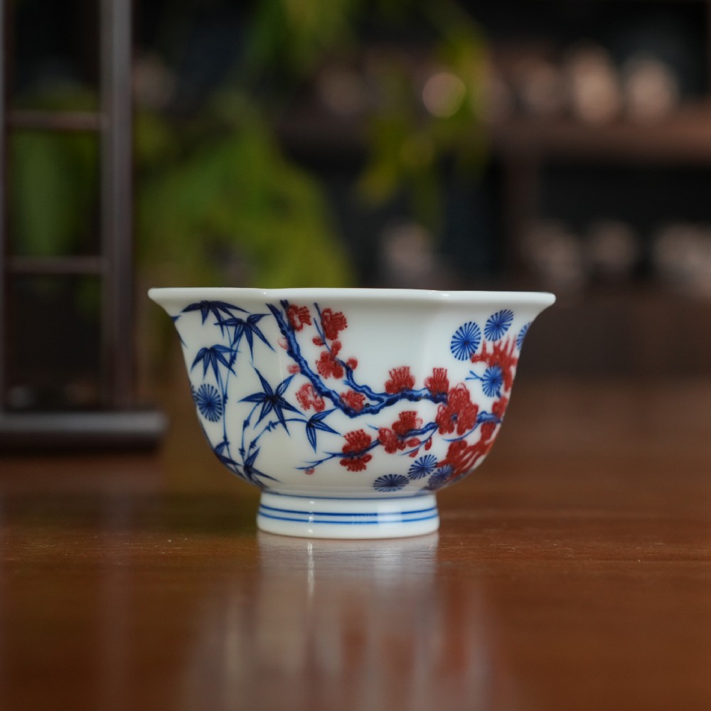 刘建锋窑釉里红松竹梅八方杯