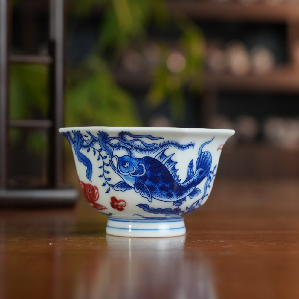 刘建锋窑釉里红鱼草八方杯