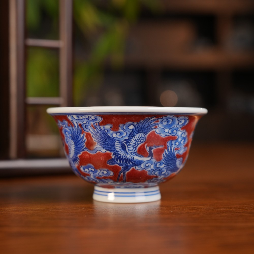 刘建锋窑釉里红仙鹤压手杯