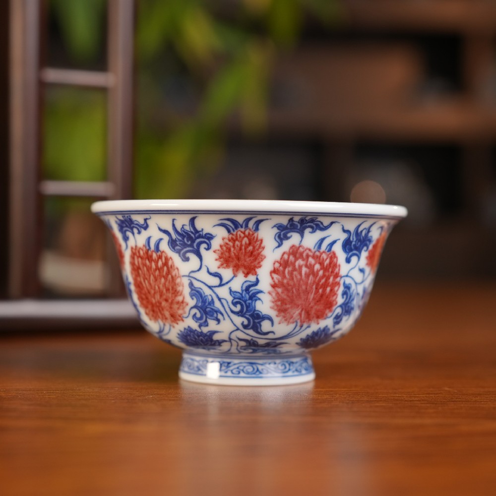 刘建锋窑釉里红团菊压手杯