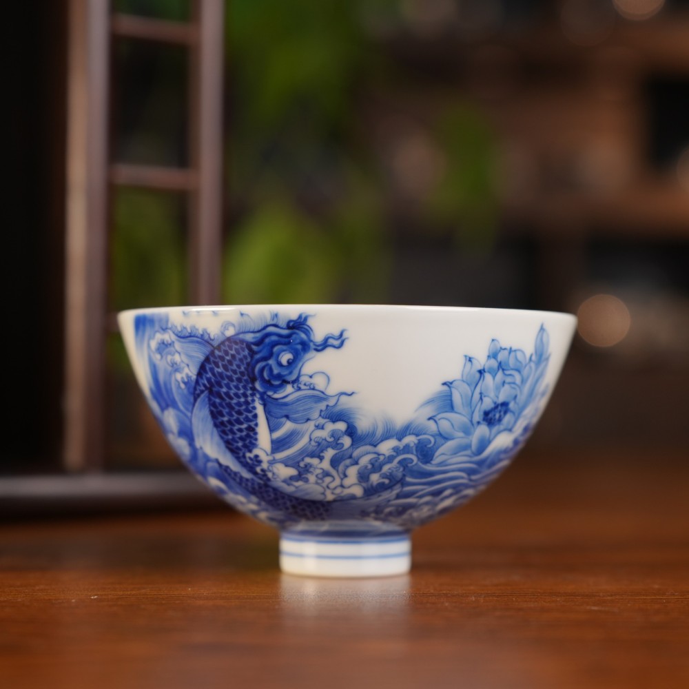 刘建锋窑仿明荷花鱼鸡心杯