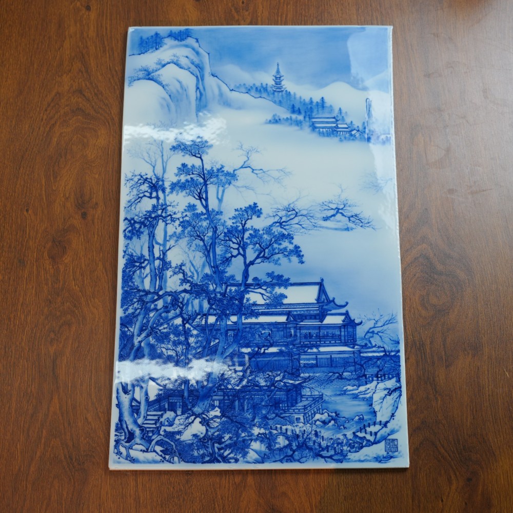 刘建锋窑青花雪景山水楼阁瓷板画