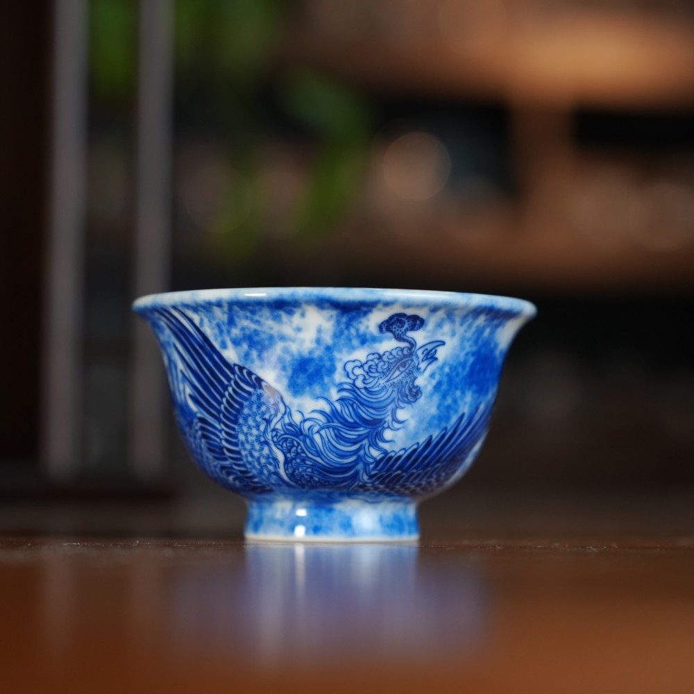刘建锋窑仿清墨染凤凰压手杯