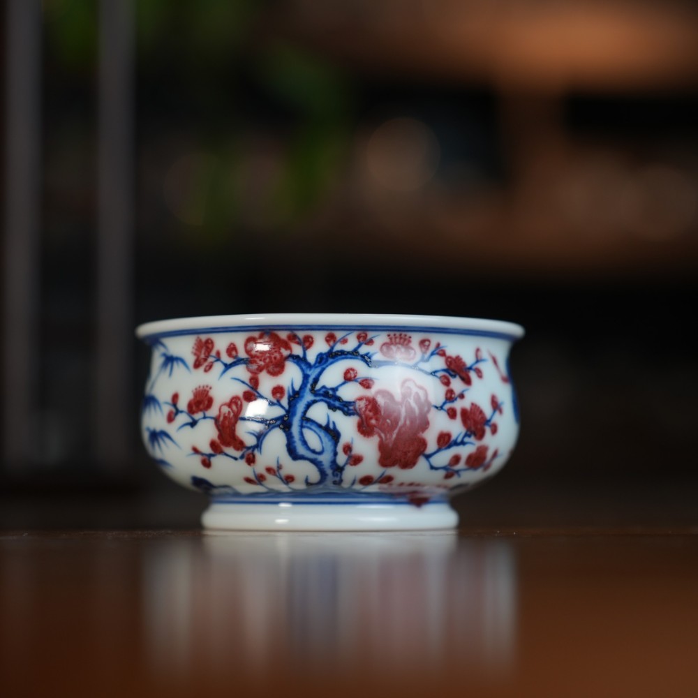 刘建锋窑釉里红松竹梅矮炉式杯