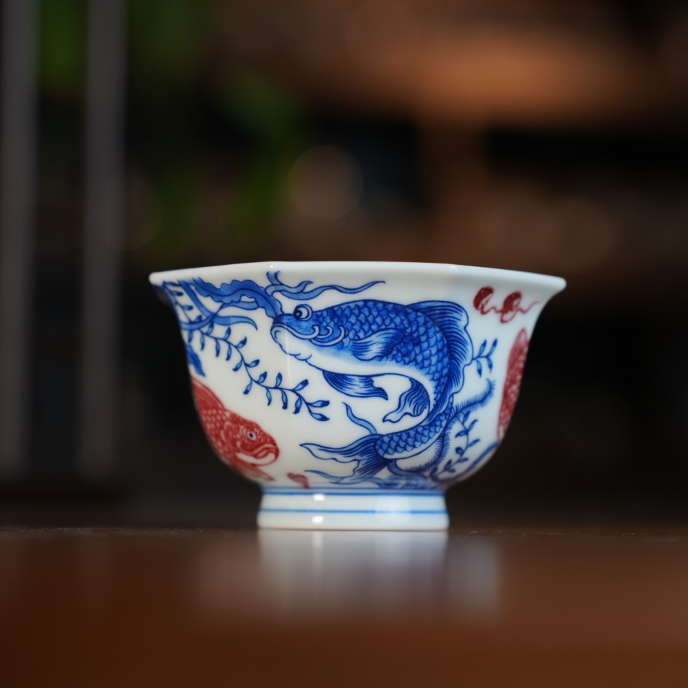 刘建锋窑釉里红鱼草八方杯
