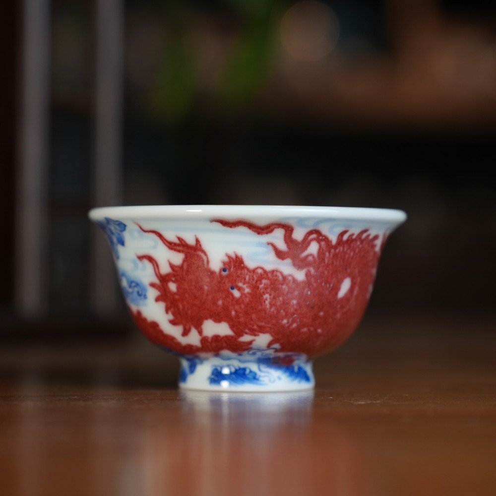 刘建锋窑釉里红荷花龙压手杯
