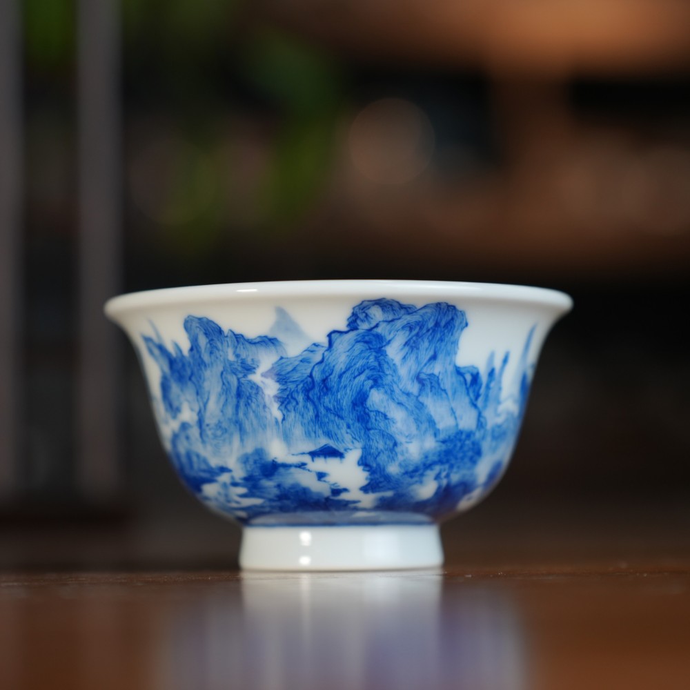 刘建锋窑山水压手杯内外满绘压手杯
